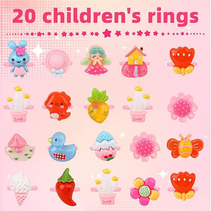 Little Girl Jewel Rings, Adjustable Pink Rings Girls Kids Pretend Play and Dress up Jewelry Set, Cute Rings with Display Case Party Favors Toys Gifts