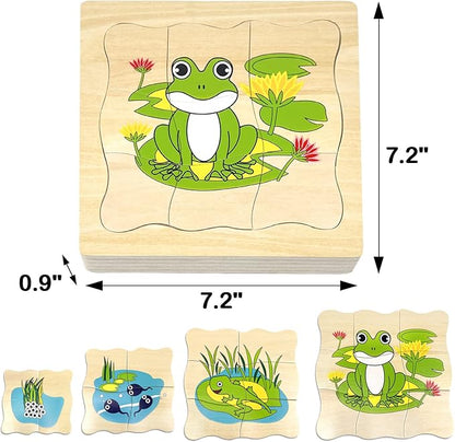 Montessori Wooden Puzzles for Kids Ages 4-8, 4 Layer Life Cycle Jigsaw Puzzle for Toddlers, Children Preschool Learning Educational Puzzles Toys for Boys and Girls (Frog)