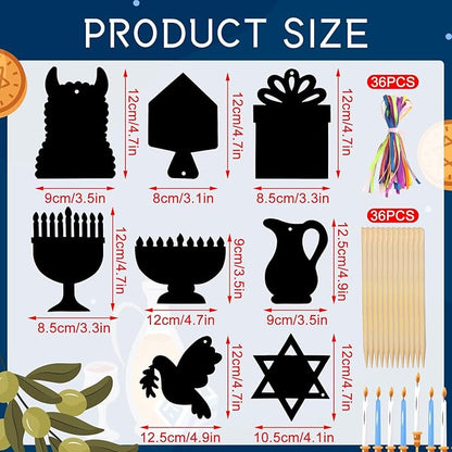 JULMELON Hanukkah Scratch Art, 36 PCS Hanukkah Craft Kits for Kids Rainbow Magic Scratch Art Chanukah Hanging Ornaments Scratch Paper for Hanukkah Decorations Kids Party Games Toys Gifts