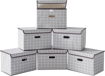 STOREONE Fabric Storage Cube Bins Foldable Organizer Container Collapsible Basket with Lids and Metal Handles, for Home, Bedroom, Closet 6 Pcs (Grey grid)