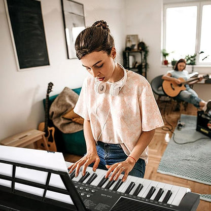 AQNIEGEP 61 Key Electric Keyboard Piano for Beginners w/Light-Up Keys, Gifts, Full Set: Stand, Bench, Headphones, Padded Bag, Note Stickers, 70 Demos, 200 Rhythms/Tones, LED Display