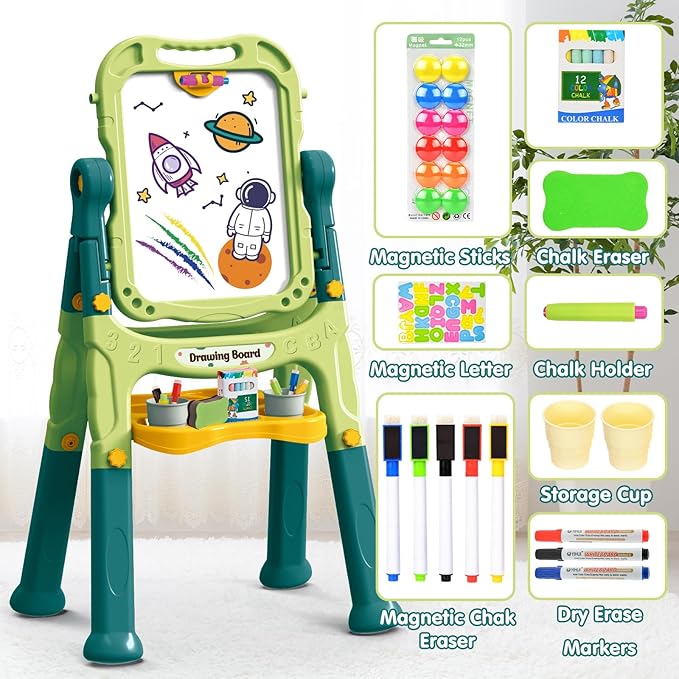 Amagoing Easel for Kids, Adjustable Standing Art Easel for Toddler, Double Magnetic Drawing Board with Painting Accessories, Birthday Christmas Gift for Little Boys and Girls, Middle Size (Green)