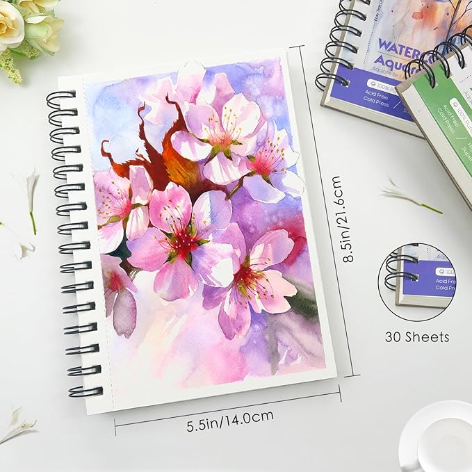 KOVIEDE 100% Cotton Watercolor Paper Pad 30 Sheets, Cold Press 140lb/300gsm Spiral Bound Watercolor Sketchbook, Artist Quality Art Journal Supplies (Floral-Pink, 5.5“x8.5)