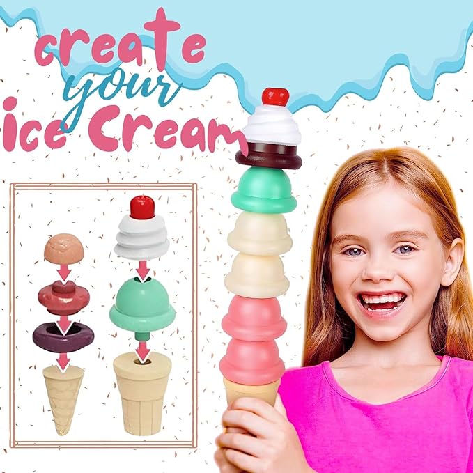 32 PCS Ice Cream Cart Toys for Toddlers, Kids Pretend Play Food Scoop & Serve Macaroon Dessert Set, Kitchen Accessories Icecream Shop Wagon