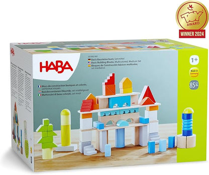 HABA Colored Wooden Building Blocks- Set of 85 Piece Set of Wooden Toys, Stacking Toys for Toddlers 1-3 Ideal Open Ended Toys (Made in Germany)