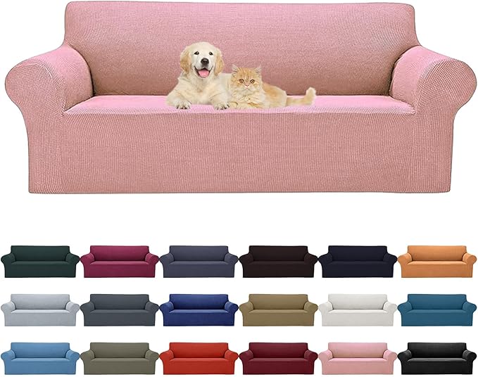 2025 New Stretch Sofa Slipcovers Couch Cover for 3 Cushion Furniture Protector Sofa Covers with Elastic Bottom Jacquard Fabric Small Checks for Pets, Kids -Sofa, Dusty Pink