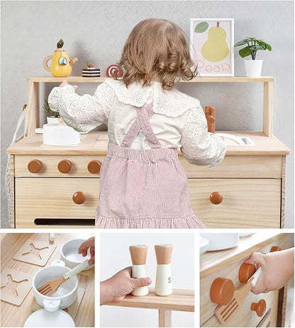 PairPear Kids Kitchen Playset,Wooden Toys Kitchen with Pretend Play Food Dishes and Sink,Toddler Play Kitchen Accessories Gift for Girls Boys Age 3+