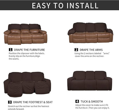 Easy-Going 8 Pieces Microfiber Stretch Sectional Recliner Sofa Slipcover Soft Fitted Fleece 3 Seats Couch Cover Washable Furniture Protector with Elasticity for Kids Pet(Recliner Sofa, Chocolate)