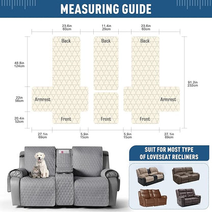 TAOCOCO 100% Waterproof Recliner Cover -Loveseat Recliner Cover with Center Console,Non-Slip Reclining Couch Covers for 2 Seat,with Elastic Straps Pocket for Kids, Dogs(Light Gray, 2 Seater XL)