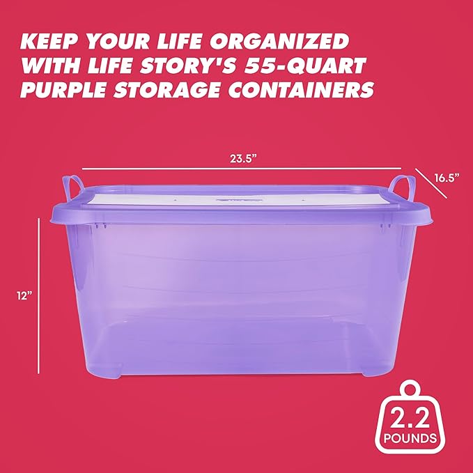 Life Story 12 Pack Light Duty Stackable Storage Bin, 55 Quart Home Organizer, Versatile Lightweight Locking Bins with Carrying Handles, Purple