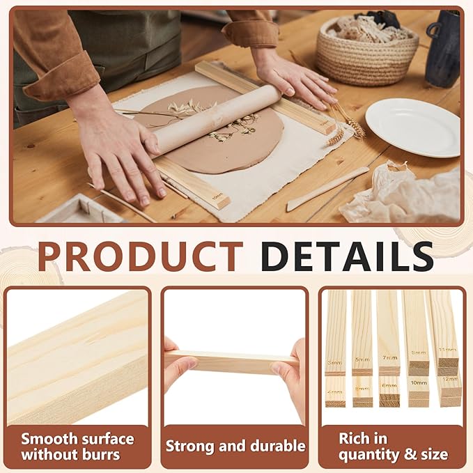 Sasylvia 20 Pcs Pottery Rolling Pin Guides Wood Teaching Rolling Mud Stick Guide Set Polymer Clay Depth Guide Pottery Tools Clay Mudboard Tools (10 Size,Wood Color)