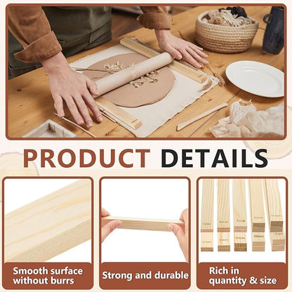 Sasylvia 20 Pcs Pottery Rolling Pin Guides Wood Teaching Rolling Mud Stick Guide Set Polymer Clay Depth Guide Pottery Tools Clay Mudboard Tools (10 Size,Wood Color)