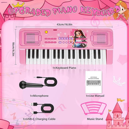 Upgraded 37 Keys Kids Piano Keyboard with Mini Microphone Music Stand – Portable Musical Toys for Toddlers Ages 3 4 5 6 Girls Birthday Gift - Pink