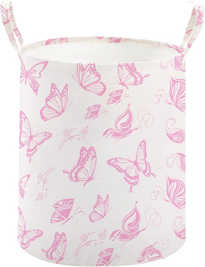 TECHMILLY Large Storage Basket for Girls and Boys, Collapsible Laundry Hamper with Long Handles, Toy Bins for Nursery, Kids Room Décor (Pink Butterfly)