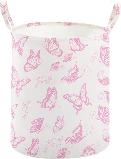 TECHMILLY Large Storage Basket for Girls and Boys, Collapsible Laundry Hamper with Long Handles, Toy Bins for Nursery, Kids Room Décor (Pink Butterfly)