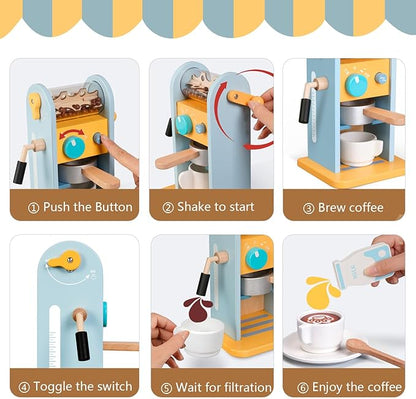 ICEKO Wooden Toy Coffee Maker Set with Grinder - 11pcs Realistic Play Kitchen Accessories for Kids - Pretend Play Toys - Kitchen Playset for Girls and Boys