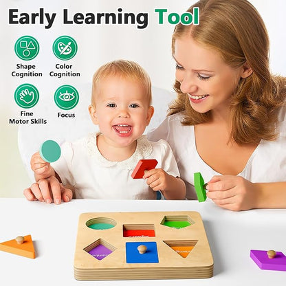 Wooden Shapes Puzzles for Toddlers 1-3, Montessori Toys for 1 2 Year Old Boy Birthday Gifts, Shape Color Match Peg Puzzles, Learning Educational Toys for Toddlers Age 1 2 Year Old Girl