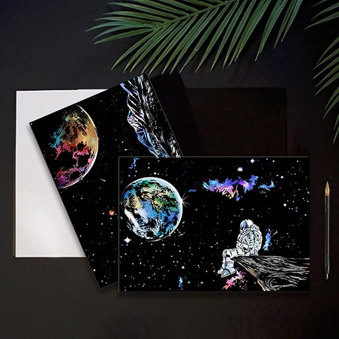 3 Pack Scratch Art Paper Set (16"x11.2") Space Series Series Creative Rainbow Sketches Engraving Craft Kit for Kids & Adults - Cosmos, Astronauts, Starry Sky Painting - 5 Tools: Drawing Pens, Brush