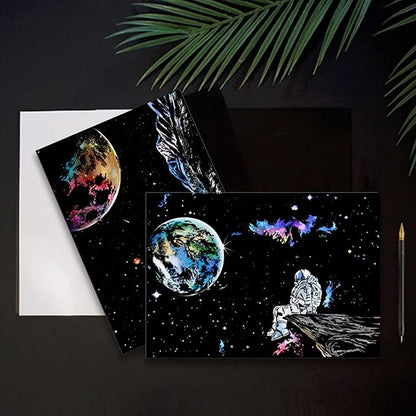3 Pack Scratch Art Paper Set (16"x11.2") Space Series Series Creative Rainbow Sketches Engraving Craft Kit for Kids & Adults - Cosmos, Astronauts, Starry Sky Painting - 5 Tools: Drawing Pens, Brush