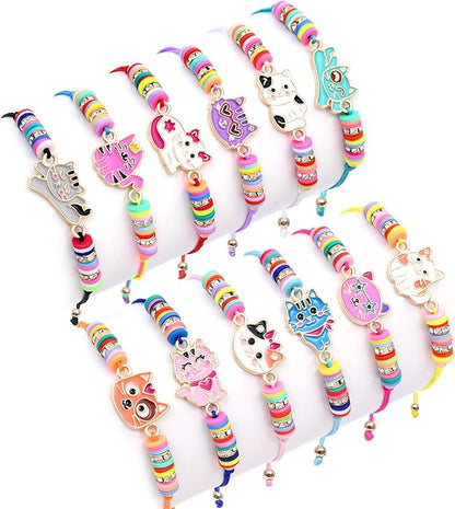 Lorfancy 12 Pcs Bracelets for Girls Kids Toddler Play Jewelry Cute Animal Cat Charm Bracelet Friendship Braided Woven Bracelets Adjustable Little Girls Dress Up Jewelry Gift