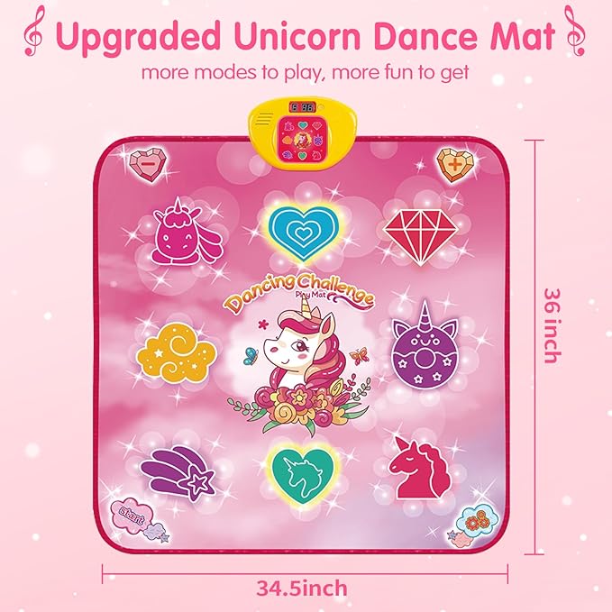 maysida Unicorn Dance Mat Toys for 3-12 Year Old Girls, Dance Pad with LED Lights, Built-in Music, 6 Game Modes, Electronic Dancing Mat as Christmas Birthday Gift for 3 4 5 6 7 8 9+ Girls (Pink)