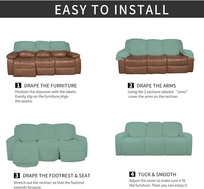 Easy-Going 8 Pieces Microfiber Stretch Sectional Recliner Sofa Slipcover Soft Fitted Fleece 3 Seats Couch Cover Washable Furniture Protector with Elasticity for Kids Pet(Recliner Sofa, Cyan)