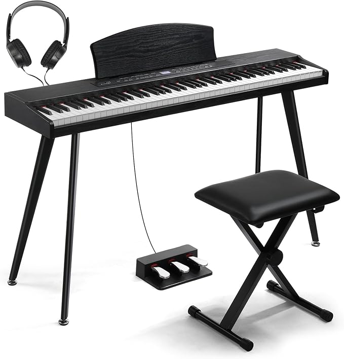 Ktaxon 88 Key Keyboard Piano Set, Full Size Digital Piano with Multi-Adjustable Height Bench, Powerful Functional Panel, Professional 3 Pedal Unit and Dual Mode Connectivity for Beginner(Black)