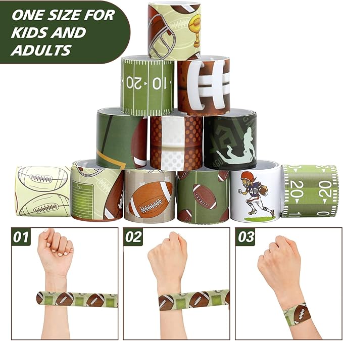 72PCS Football Slap Bracelets Wristband Football Party Favors, Football Birthday Rugby Match Party Supplies Kids Classroom Gifts, Sports Themed Bracelets for Kids and Adults, 12 Designs