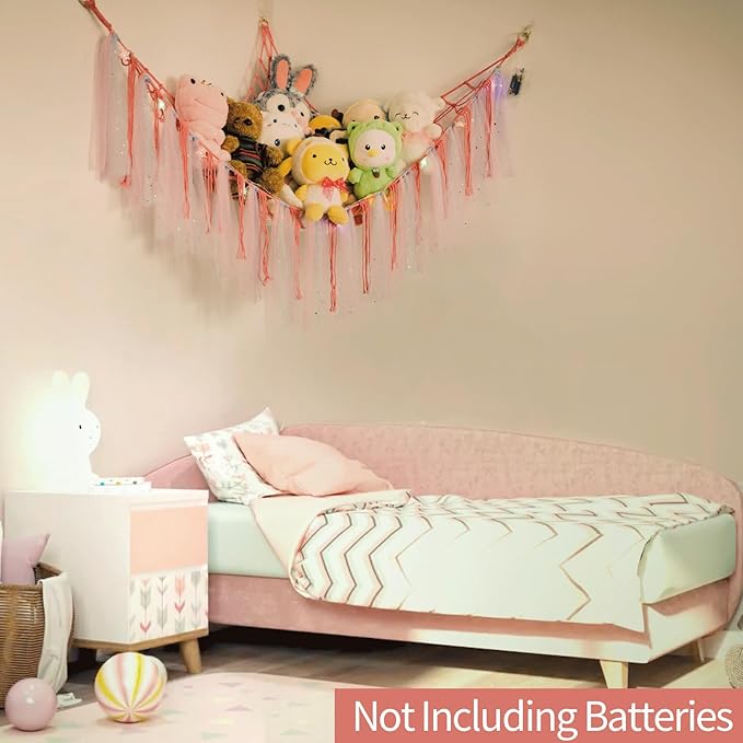 Stuffed Animal Hammock with LED Lights - 59 Inch Large Toy Storage Net for Kids Bedroom, Wall-Mounted Plush Organizer with Wooden Rings, Nursery Decor (Handwoven, Dark Pink)