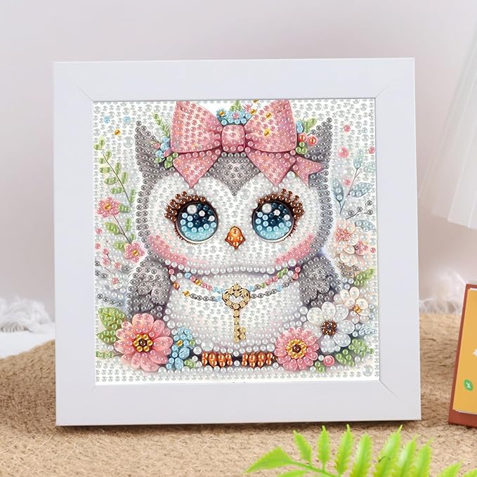 Aestalrcus Diamond Art for Kids Cartoon, Owl Diamond Painting Kits for Kids Ages 4-8-12, Easy Crystal Gem Art for Kid Gift Home Wall Decor 6x6inch(with Frame)