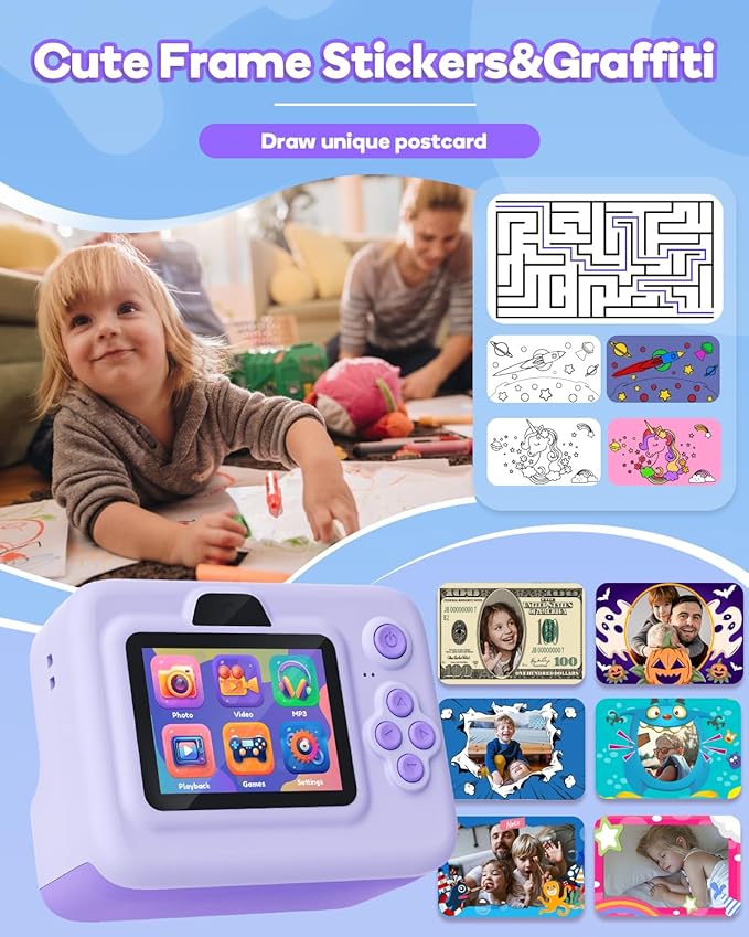Instant Print Camera for Kids,2.4 Inch Screen Kids Instant Cameras, Christmas Birthday Gifts for Girls Age 3-12, Portable Toddler Toy for 3 4 5 6 7 8 9 10 Year Old Girls Boys Purple