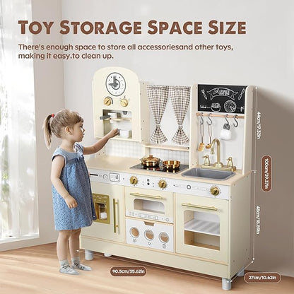 Kids Kitchen playset, Wooden Play Kitchen, Height Adjustable, Comes with Various Kitchen Accessories, Ideal Role Play Toy Gift for Toddlers and Kids Ages 3-8 (White)