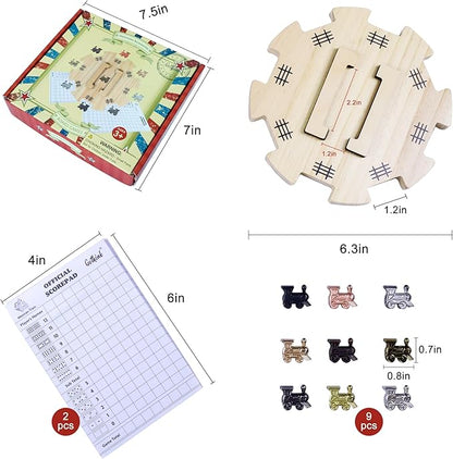 GOTHINK Mexican Train Dominoes Accessories Set - Mexican Train Dominoes Game for Adults & Family, 6.3-Inch Wooden Mexican Train Hub up with Felted Bottom, 9 Metal Train Markers, 100-Sheet Score Pads