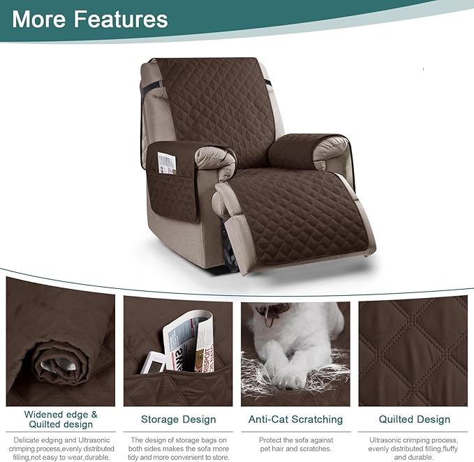 Ruaozz 100% Waterproof Recliner Chair Cover Non-Slip Reclining Cover for Recliner Chair Washable Chair Seat Cover with Elastic Straps for Kids, Dogs, Pets (Dark Brown, 23'')