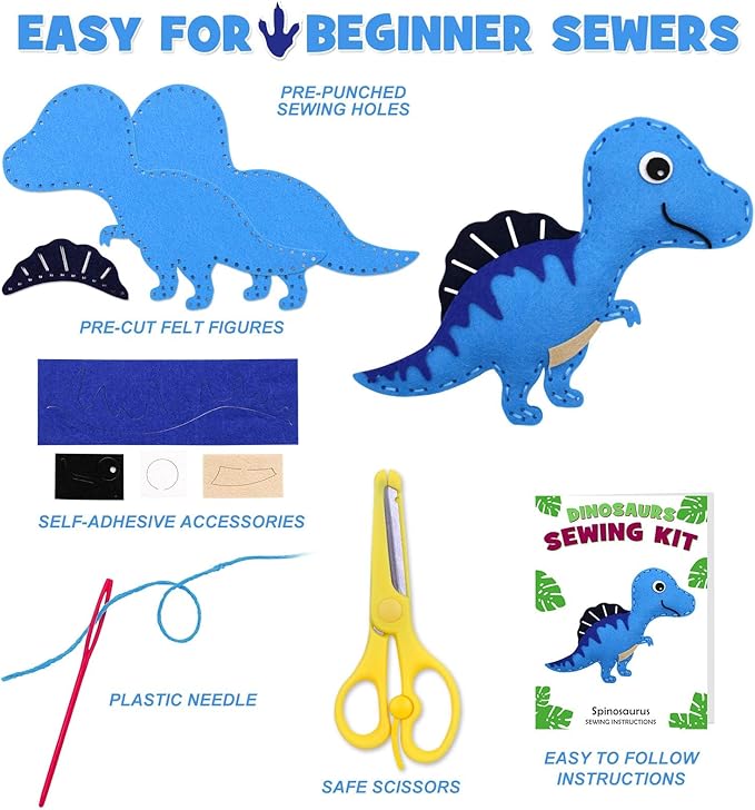 CiyvoLyeen Dinosaur Sewing Craft Kit DIY Kids Craft and Sew Set for Girls and Boys Educational Beginners Sewing Stuffed Animal Felt Plush Ornaments Set of 14 Sewing Kits for Kids Age 8 9 10 11 12