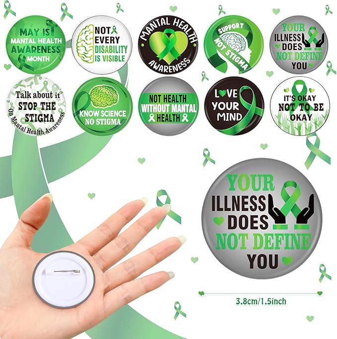 Cinrobiye 60 Pcs Mental Health Awareness Accessories Bulk Include 30 Green Ribbon Bracelets and 30 Button Badges Mental Health Awareness Month Gifts for Teens Adults Party Favors(Green)