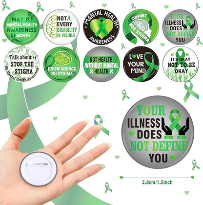 Cinrobiye 60 Pcs Mental Health Awareness Accessories Bulk Include 30 Green Ribbon Bracelets and 30 Button Badges Mental Health Awareness Month Gifts for Teens Adults Party Favors(Green)