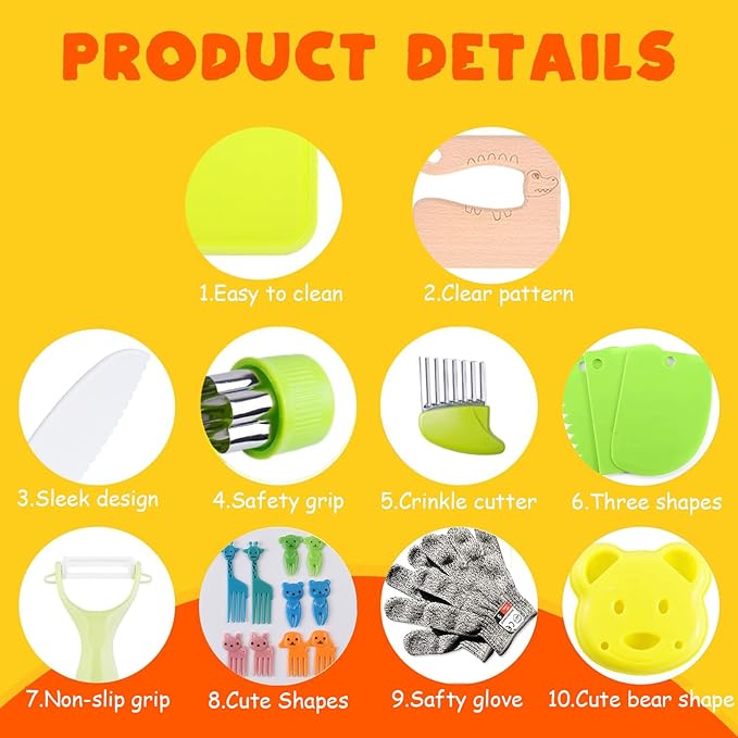 29PCS Kitchen Tools for Toddlers Kids Cooking Sets Safe Knife Set for Real Cooking Include Toddler Knives Cutting Board Bear Sandwich Cutter Fruit Crinkle Cutter Peeler Gloves Fruit Forks for Birthday