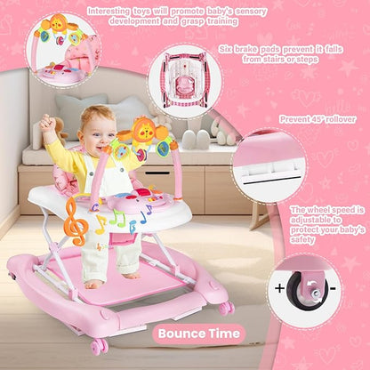 Baby Walker, 5 in 1 Baby Walkers for Boys Girls 6-12 Months, Foldable Walkers for Babies with Bouncer & Feeding Tray, Music, Adjustable Heights, Activity Walker for Infant