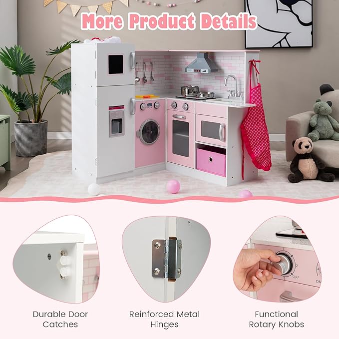 HONEY JOY Pink Corner Kids Kitchen Playset, Wooden Play Kitchen for Toddlers, Washing Machine, Range Hood, Water Dispenser, Cookware, Apron, Little Chef Pretend Toy Kitchen Set w/Lights & Sounds