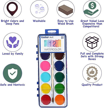 12 Colors Watercolor Paint Set for Kids, 24 Pack Washable Water Colors for Party Favors, Gifts, Classroom Supplies (Wood Brushes Included)