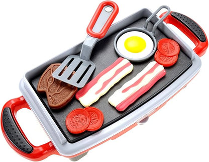 PowerTRC Breakfast Kids Toy Grill Playset for Ages 4-8, Cooking Toys Play Grill Set for Kids, Pretend BBQ Grill with Realistic Sounds Foods Utensils