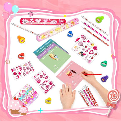 Valentines Day Gifts for Kids, 24 Packs Bulk Stationery Gift for School 192 Pcs Include Cards Pencil Cup Slap Bracelet Eraser Cup Stampers Valentine's Day Classroom Exchange Gifts Party Favors Toys