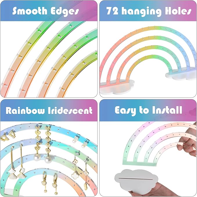 NiHome Iridescent Earring Organizer Set - 74-Hole Display Rack for Studs, Dangles and Hoops - Rainbow Iridescent Finish - Clear Acrylic - Ideal for Girls and Women