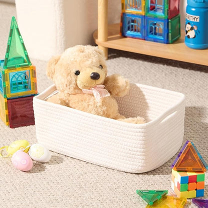 MiniArk Small Storage Baskets for Organizing | Closet Organizer Bins | Shelf Toy Basket | Woven Rope Baskets | Cube Decorative Box | Shallow Basket | 13x8.5x5.1” | 4 Packs Off White