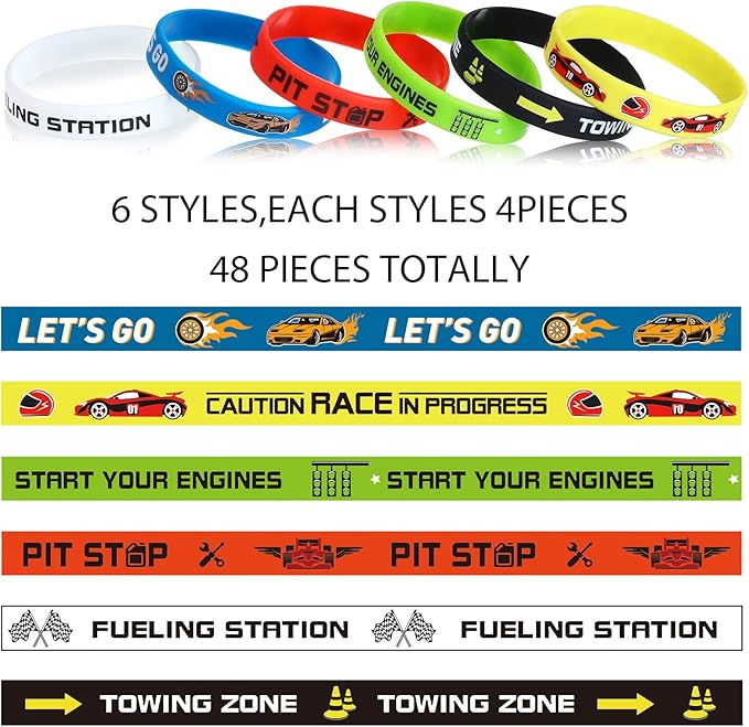 Race Cars Party Favors, Race Car Birthday Party Supplies Race Car Party Decorations Flag Rubber Bracelets Silicone Wristband for Fitness Racing Dirt Bike Task Birthday Party(48 Pack)
