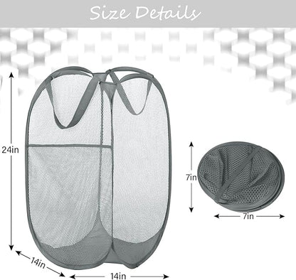 Deluxe Strong Mesh Pop up Laundry Hamper Basket with Side Pocket for Laundry Room, Bathroom, Kids Room, College Dorm or Travel Grey