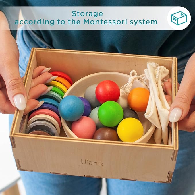 Ulanik Balls on Plates Toddler Montessori Toys for 1+ Year Old Kids Wooden Matching Game for Learning Color Sorting and Counting — 12 Balls, 1.18 in