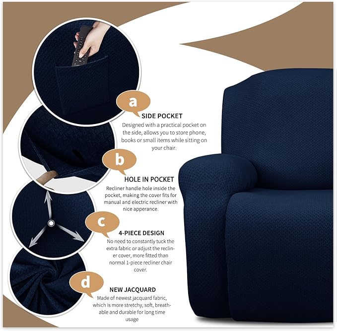 JIVINER 8-Piece Recliner Sofa Covers Stretch Jacquard Couch Covers for Recliner Slipcovers for Living Room 3 Cushion Soft Recliner Protector with Pocket (Sofa Recliner, Navy Blue)