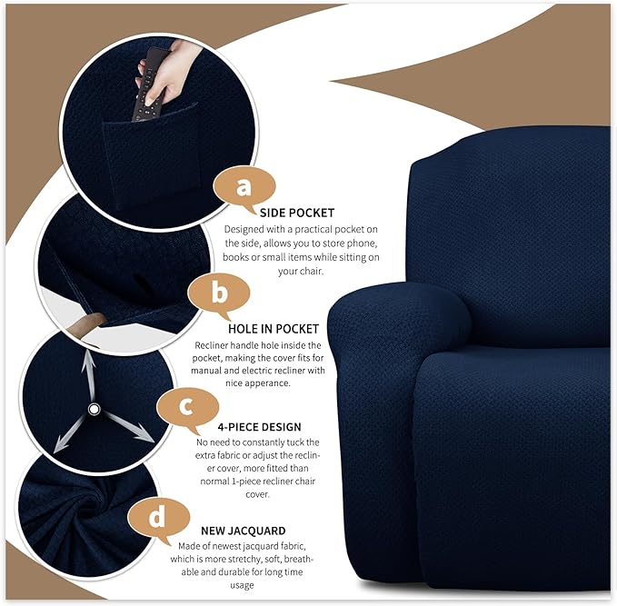 JIVINER 4-Piece Recliner Chair Covers Stretch Jacquard Covers for Recliner Chair Recliner Slipcovers for Living Room Soft Recliner Protector with Pocket (Recliner, Navy Blue)